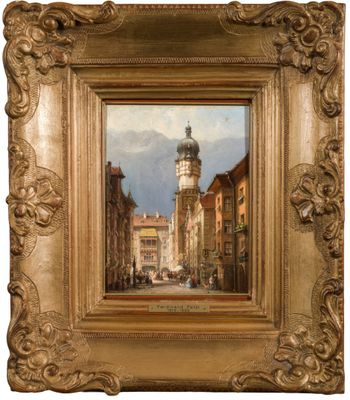 une peinture représentant une rue de la ville avec des bâtiments et une tour horloge