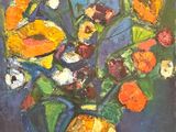 an oil painting of a vase filled with flowers on top of a table
