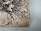 a drawing of a woman with a hat on her head