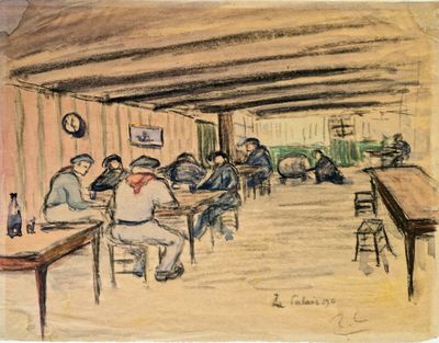 dessin représentant un groupe de personnes assises à des tables dans une pièce