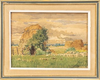 an image of a painting of a field with hay stacks in the background