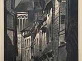 dessin représentant une scène de rue avec une tour horloge au loin