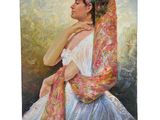 un tableau représentant une femme en robe blanche avec un châle rose