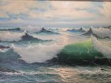 a painting of a painting of a wave in the ocean