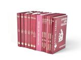 six red books are lined up in a row on a white surface