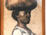 tableau représentant une femme portant un panier sur la tête, dans un cadre en bois