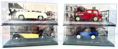 Lot de 4 voitures miniatures ROSENGART dont une LR2 de 1928 bleue et n
