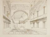drawing of a drawing of a building with a fountain in the middle of it