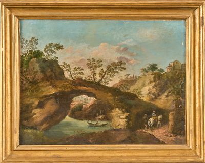 l'image d'une peinture représentant une rivière avec un pont en arrière-plan