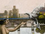 a painting of a woman feeding a bird on a bridge