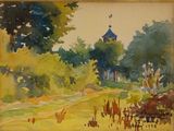 an image of a painting of a church on a hill