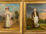 two paintings of a man and a woman standing next to each other