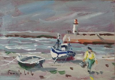tableau représentant deux bateaux posés sur une plage de sable