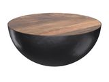 une image représentant une table ronde en bois avec un piètement en métal noir