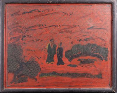 Panneau en bois laqué rouge à décor ciselé de scène animée aux deux fe - Photo 1