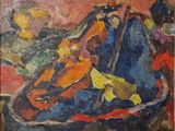 une peinture à l'huile représentant un tableau où l'on voit un violon posé sur une table