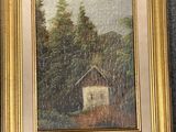 tableau représentant une cabane dans les bois avec des arbres en arrière-plan