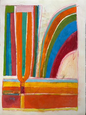 peinture représentant un tableau représentant un vase orné d'un arc-en-ciel