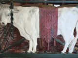 a statue of a cow that is standing on a rug