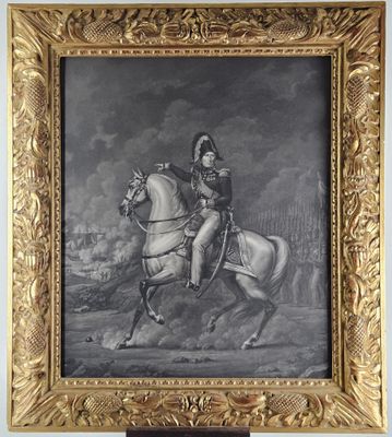 an old picture of a man riding a horse in a gold frame