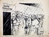 drawing of a group of people standing in the rain in front of a sign