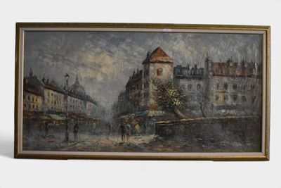 tableau représentant une scène de rue avec des bâtiments et une calèche
