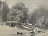 un dessin en noir et blanc représentant des chevaux traversant un pont