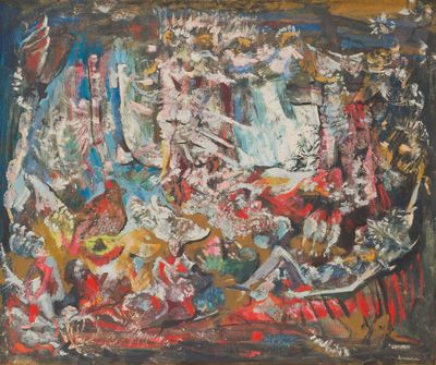 an image of a painting of a group of people on a stage