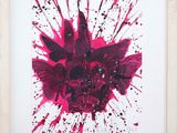 painting of a flower with red paint splattered on it in a white frame