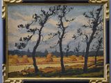 an oil painting of trees in a field with a sky in the background