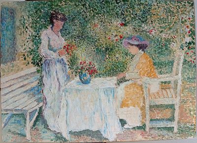 un tableau représentant deux femmes assises à une table