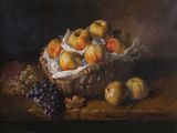painting of a basket of apples and grapes on a table