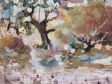 un tableau représentant un arbre et des oiseaux dans l'eau