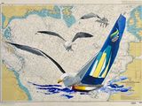 painting of seagulls flying over a sailboat on a map