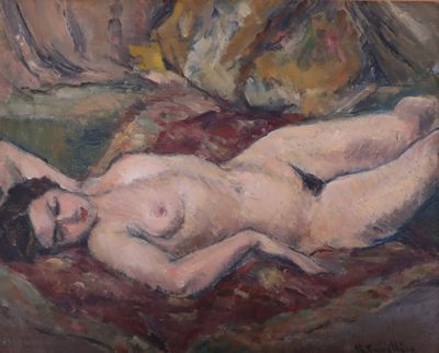 painting of a nude woman laying on a couch in a living room