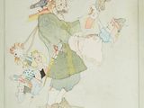 drawing of a man holding a child on a stool in front of a wall