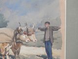 a painting of a man standing next to two cows