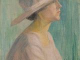 an oil painting of a woman in a white hat sitting on a bench