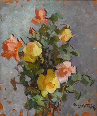 tableau représentant des roses dans un vase posé sur une table, sur fond bleu