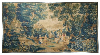 a tapestry with a group of people in a wooded area