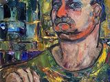 an oil painting of a man in a green shirt sitting in front of a mirror