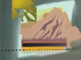 une image représentant une peinture d'une montagne, exposée dans une vitrine