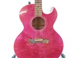 an image of a pink guitar on a stand on a white background