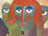painting of three women with red hair and blue eyes in front of a green background