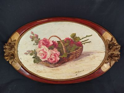 peinture représentant un panier de fleurs posé sur une table, sur fond noir