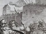 an old drawing of a man holding a sword in front of a crowd of people