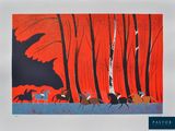 a painting of a group of people riding horses through a forest