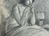 drawing of a woman sitting on a bed with her hand on her chin