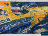 an oil painting of a yellow race car on display in a museum
