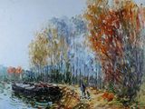 un tableau représentant un homme et un chien se promenant au bord d'une rivière